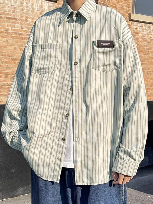 Blusa de manga larga adornada con etiqueta a rayas para hombre-1