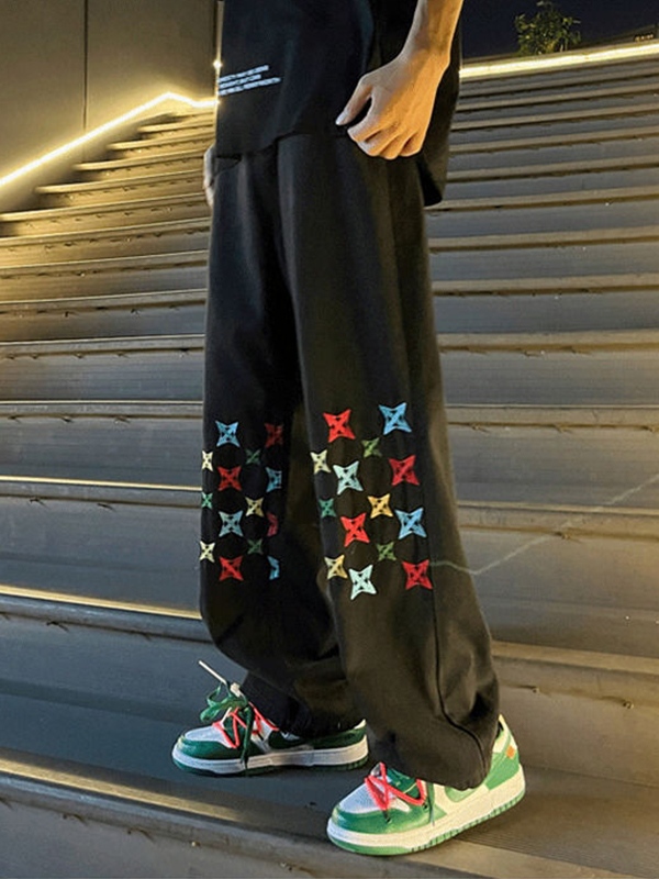 Vaqueros de pierna recta con estampado de bordado colorido lavado para hombre-2