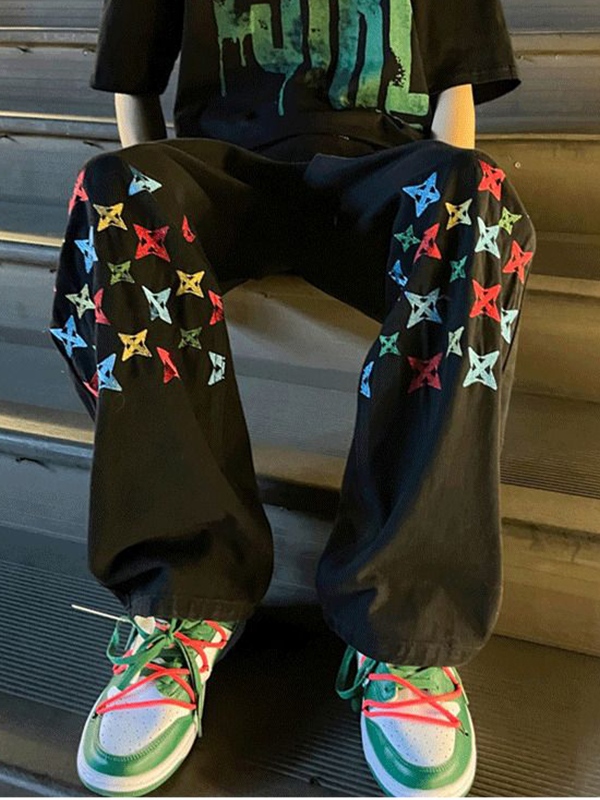 Vaqueros de pierna recta con estampado de bordado colorido lavado para hombre-1