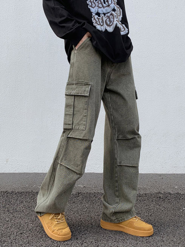 Vaqueros cargo fruncidos con múltiples bolsillos y lavado verde de hombre-3