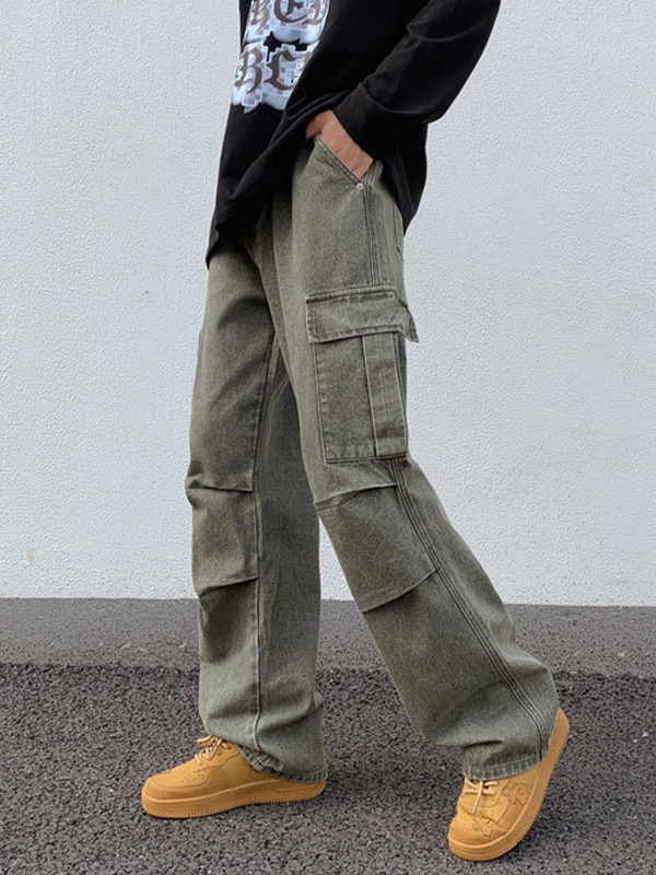 Vaqueros cargo fruncidos con múltiples bolsillos y lavado verde de hombre-6