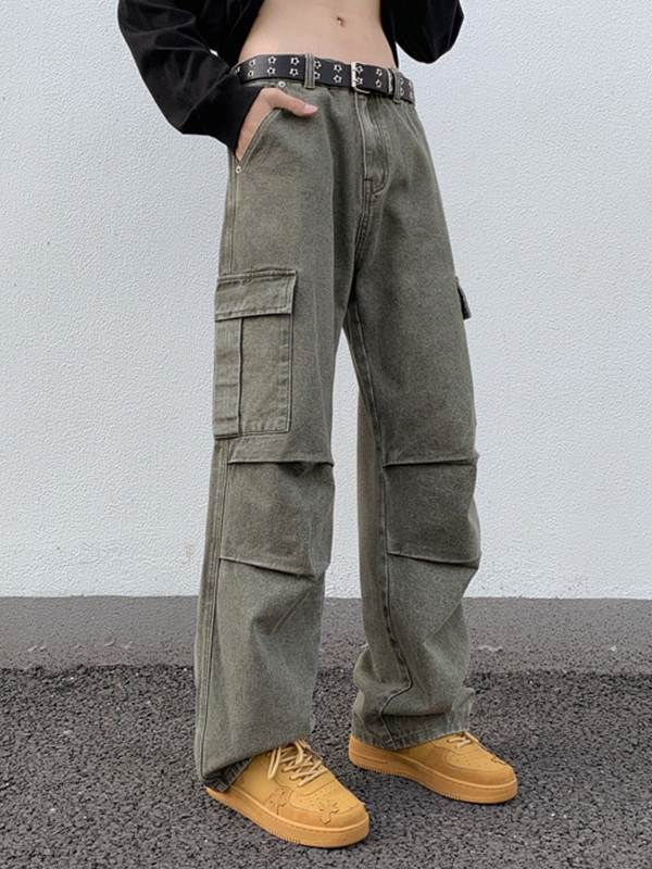 Vaqueros cargo fruncidos con múltiples bolsillos y lavado verde de hombre-5