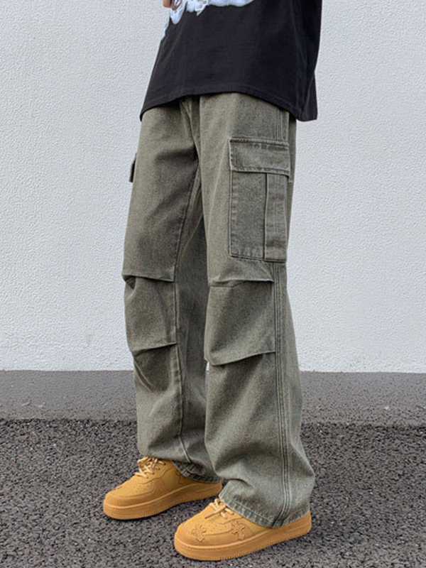 Vaqueros cargo fruncidos con múltiples bolsillos y lavado verde de hombre-2