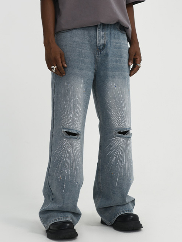 Vaqueros de pierna recta rasgados con estampado de diamantes de imitación de fuegos artificiales para hombre-1