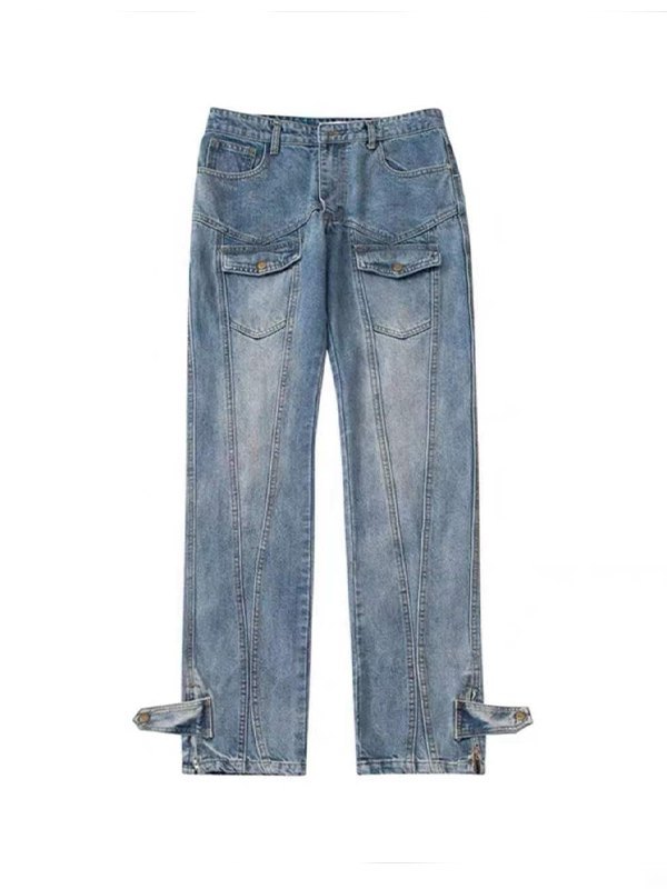 Jeans cargo de patchwork de pierna recta para hombre-1