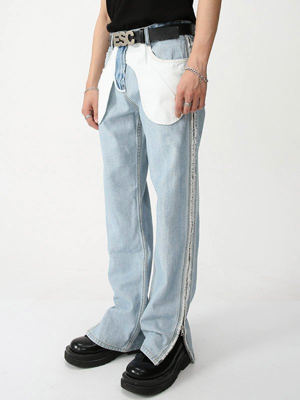 Jeans de hombre con cremallera y patchwork de pierna recta-1