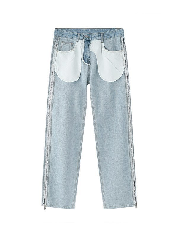 Jeans de hombre con cremallera y patchwork de pierna recta-4