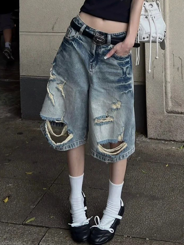 Desgastados por lavar pantalones cortos de mezclilla-4