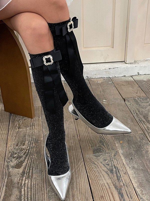 Calcetines hasta la rodilla con adorno de lazo de diamantes de imitación-1