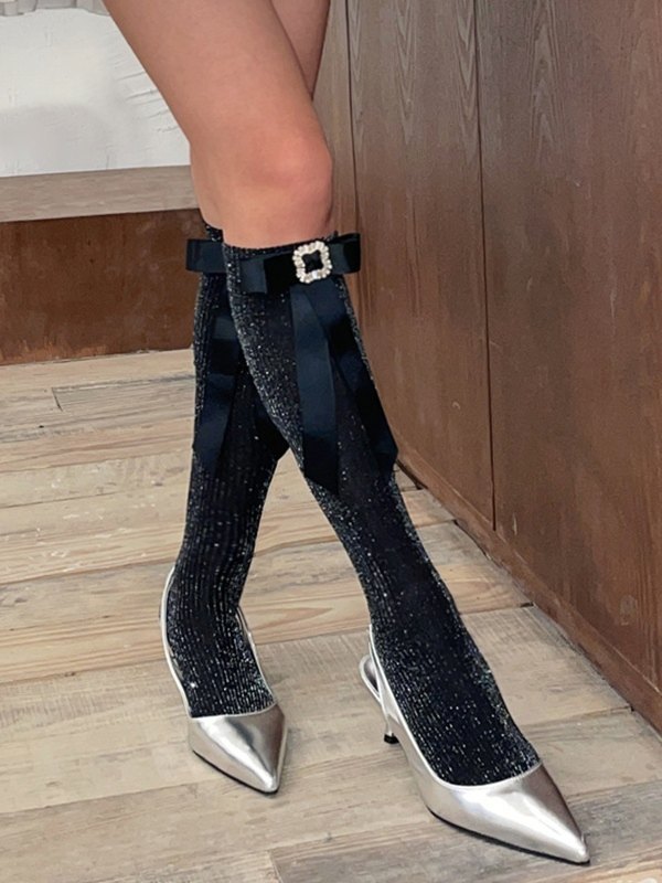 Calcetines hasta la rodilla con adorno de lazo de diamantes de imitación-2