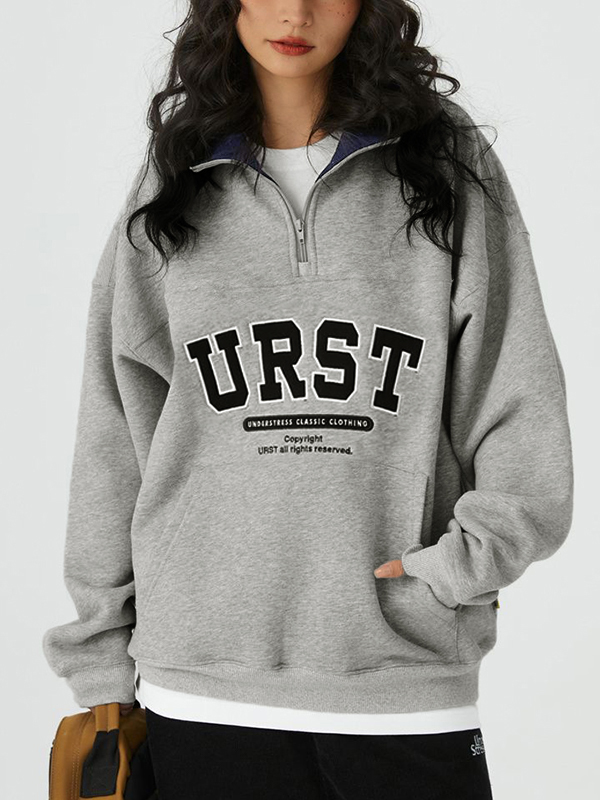 Sudadera con media cremallera y cuello de solapa con bordado de letras-1