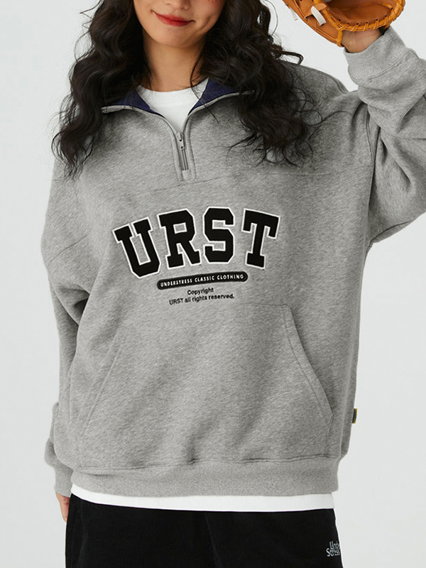 Sudadera con media cremallera y cuello de solapa con bordado de letras-2