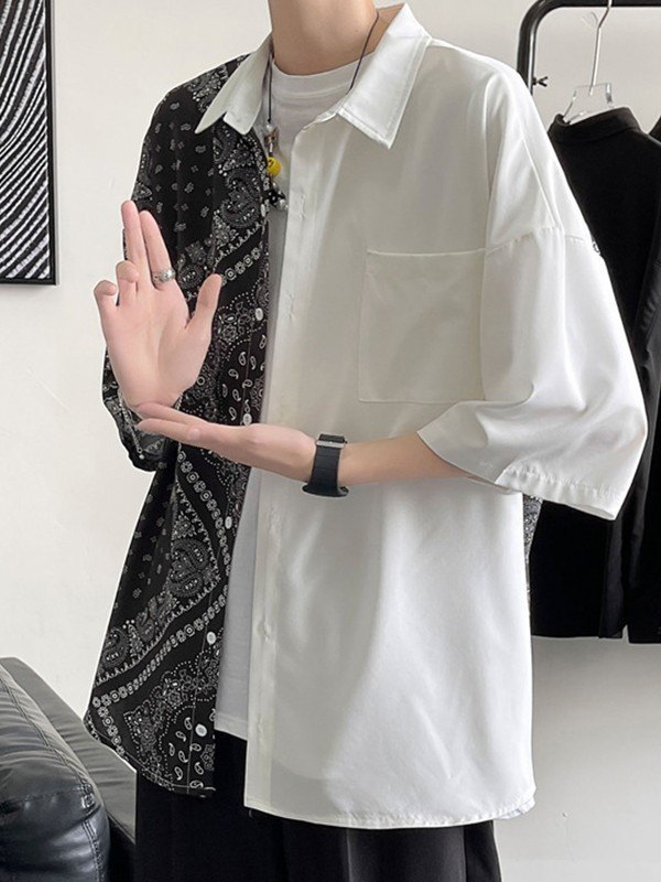 Camisa de hombre con bolsillo y estampado Paisley de patchwork-3