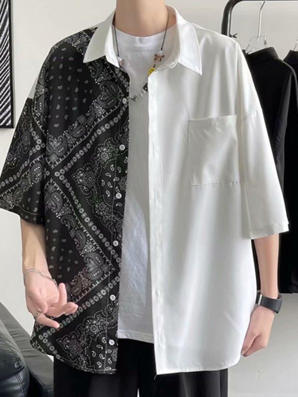 Camisa de hombre con bolsillo y estampado Paisley de patchwork-1