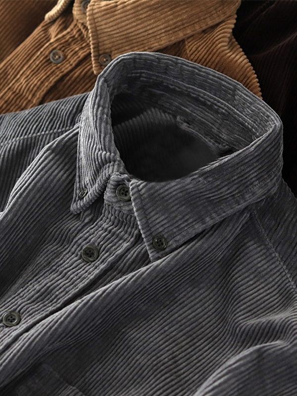 Camisa de hombre de pana vintage de manga larga con botones-2