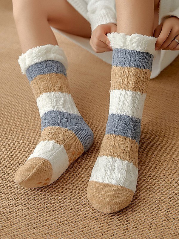 Calcetines de casa con forro polar a rayas color block-1