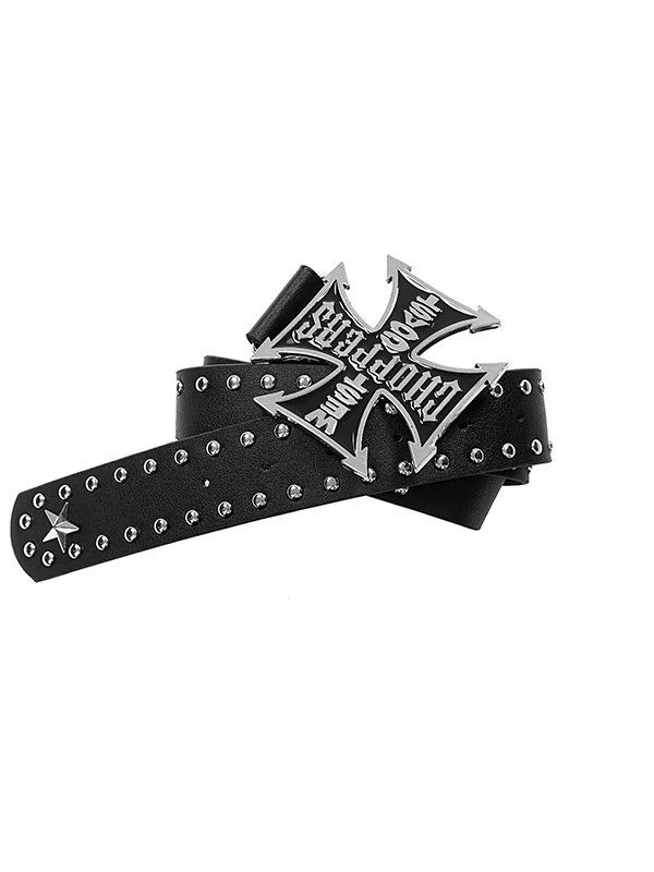 Cinturón de piel sintética con remaches cruzados y letras-1