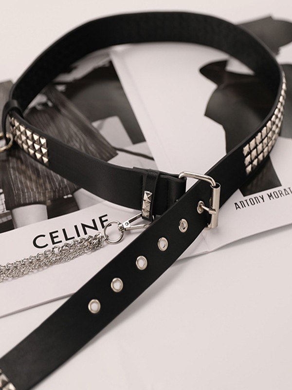 Cinturón de piel sintética con remaches de cadena desmontable-3