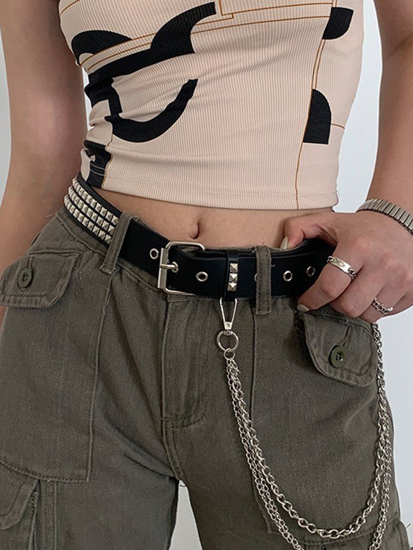 Cinturón de piel sintética con remaches de cadena desmontable-2