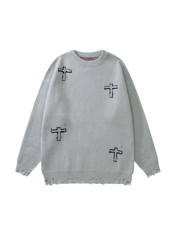 Suéter rasgado con estampado cruzado vintage para hombre-1