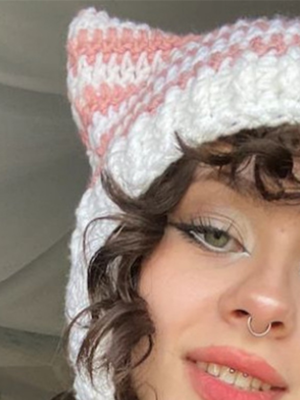 Gorro de punto con rayas de orejas de gato hecho a mano-1
