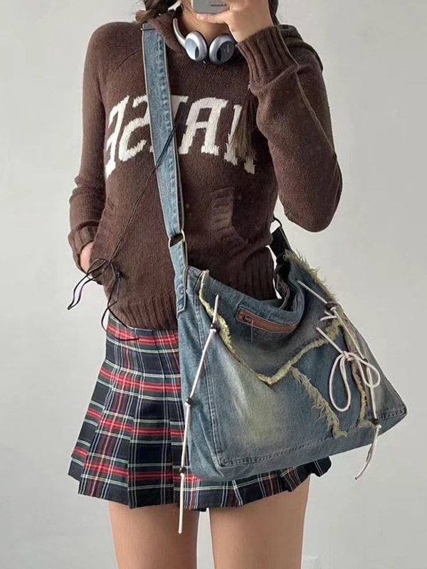 Bolso bandolera Y2K de mezclilla con detalle sin rematar, cremallera y lazo en la parte delantera-4