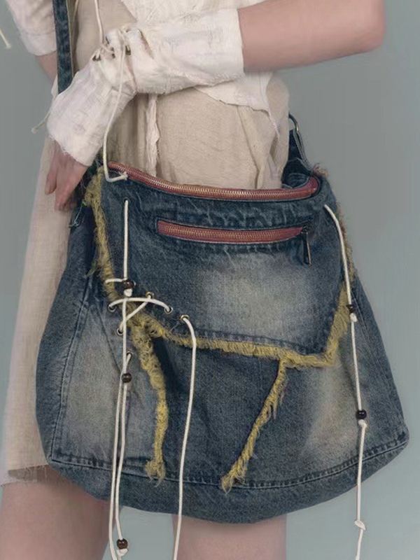 Bolso bandolera Y2K de mezclilla con detalle sin rematar, cremallera y lazo en la parte delantera-2