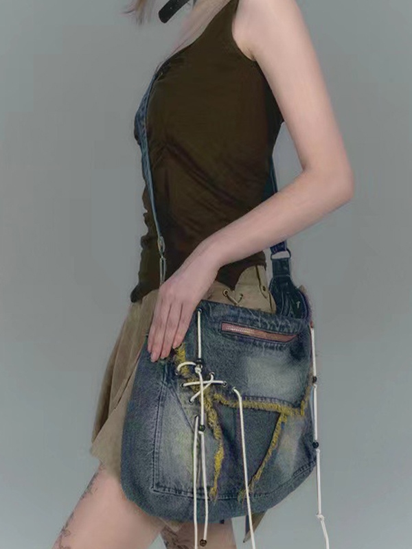 Bolso bandolera Y2K de mezclilla con detalle sin rematar, cremallera y lazo en la parte delantera-3
