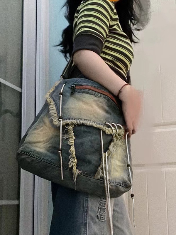 Bolso bandolera Y2K de mezclilla con detalle sin rematar, cremallera y lazo en la parte delantera-5